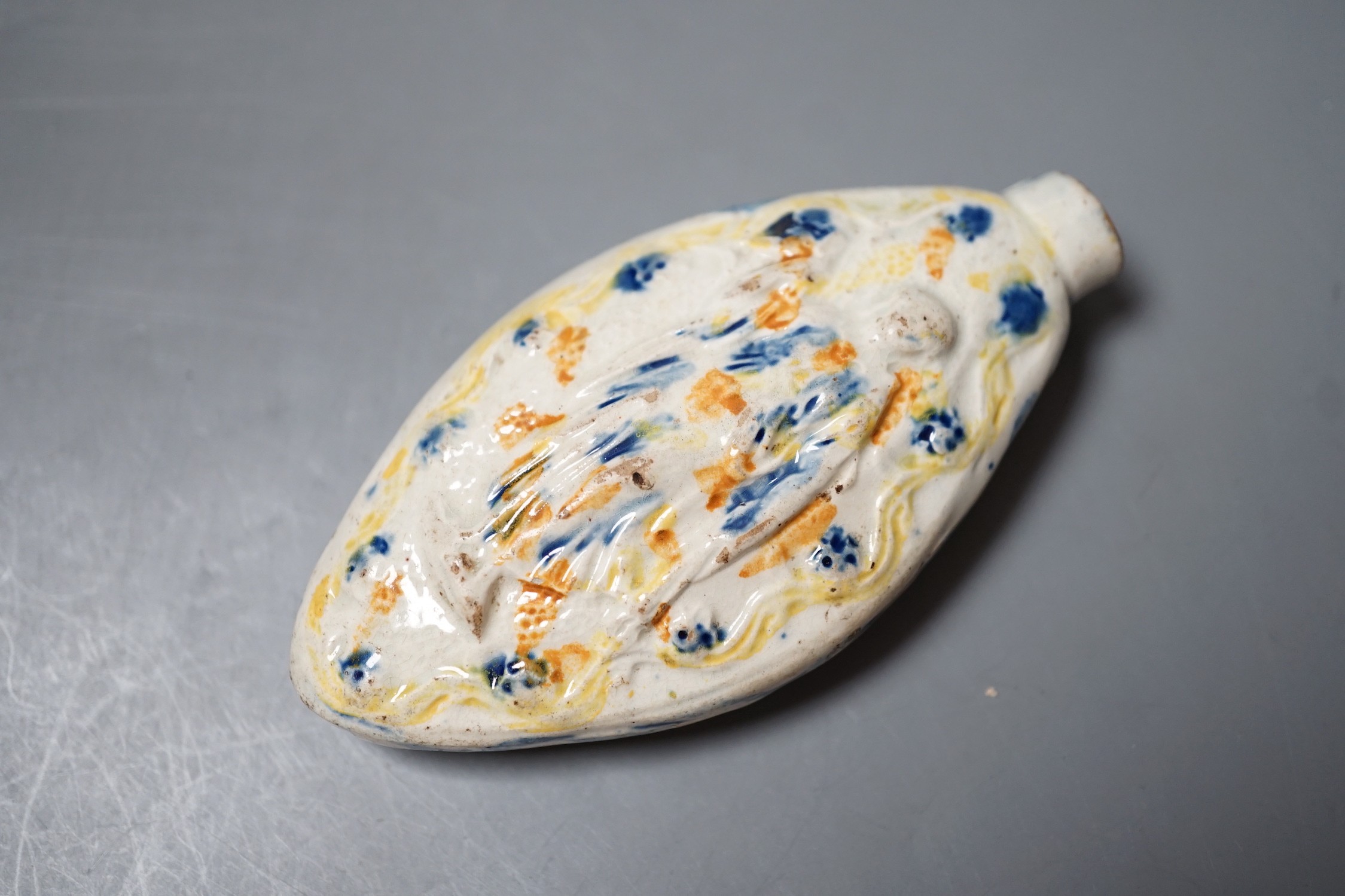 A late 18th century Prattware scent flask with figural decoration, c.1790-1800. 9cm long